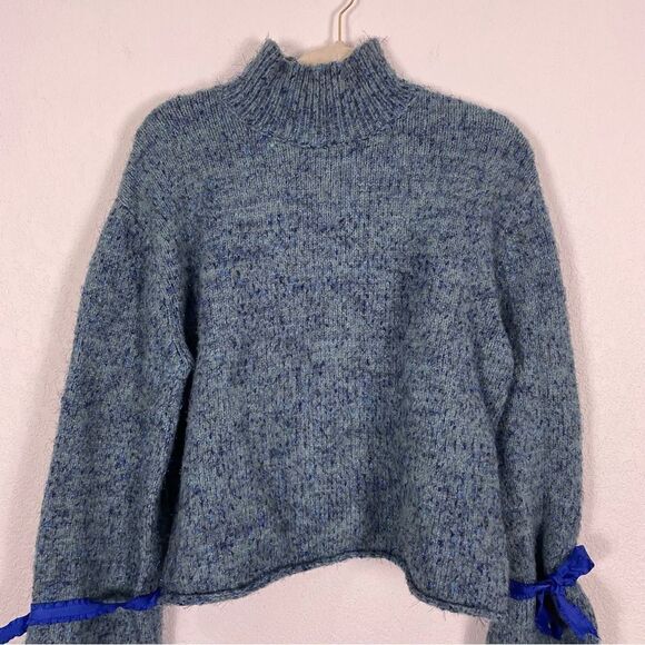 Moth | Anthropologie Blue with Blue Sparkle Mock Neck Sweater with Ribbon Ties - Picture 3 of 8